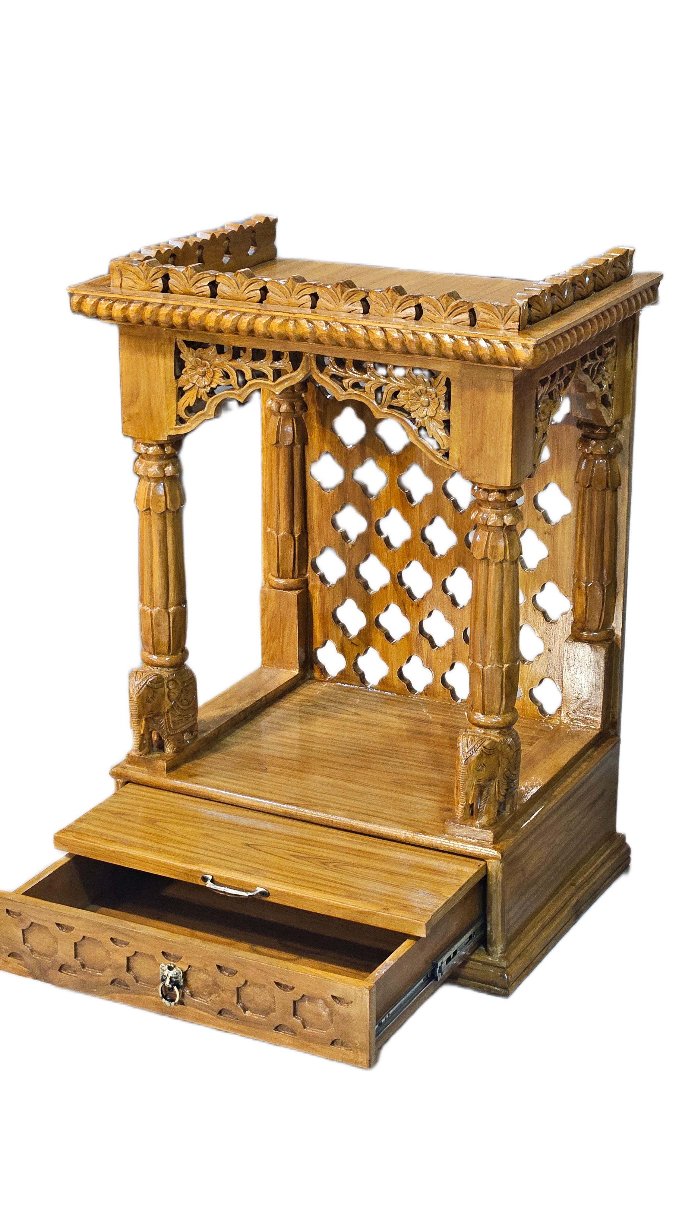 Handcrafted Solid Wood Mandir with Carved Details