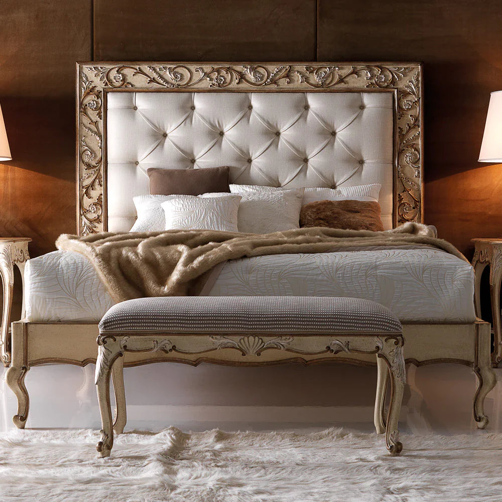 Handcrafted Carved Bed | Luxury Wooden Bed with Upholstered Headboard