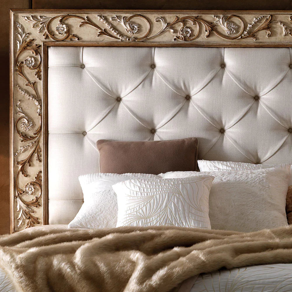 Handcrafted Carved Bed | Luxury Wooden Bed with Upholstered Headboard
