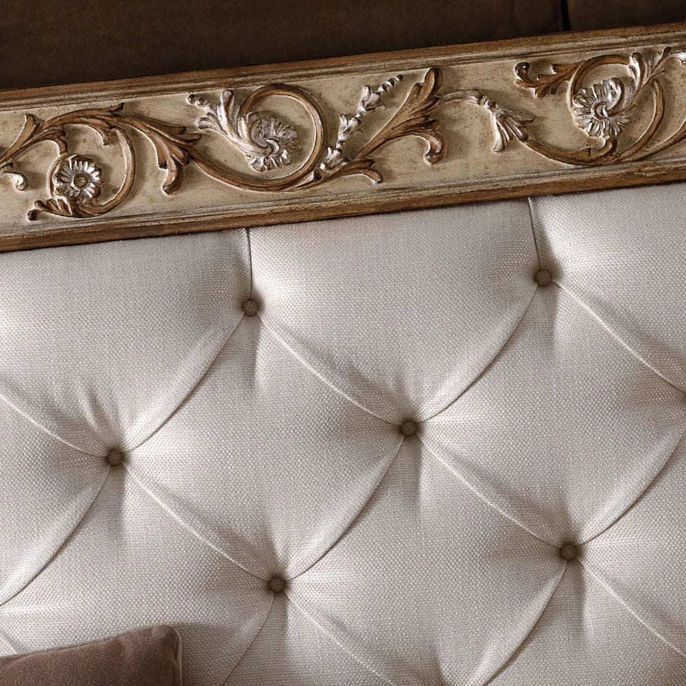 Handcrafted Carved Bed | Luxury Wooden Bed with Upholstered Headboard