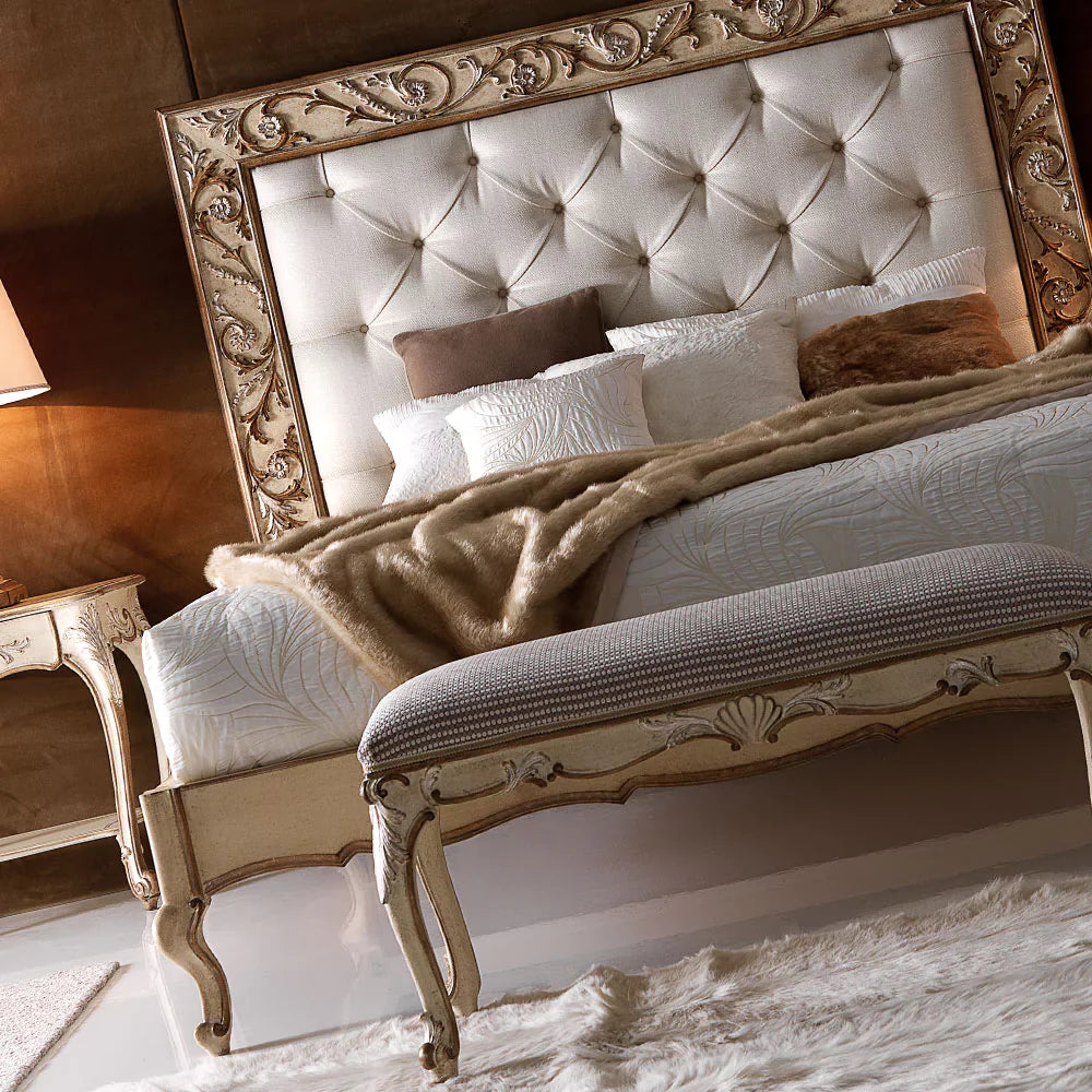 Handcrafted Carved Bed | Luxury Wooden Bed with Upholstered Headboard