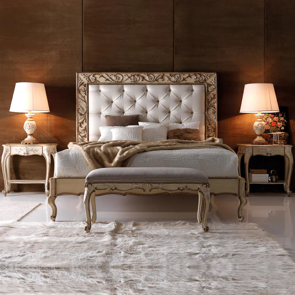 Handcrafted Carved Bed | Luxury Wooden Bed with Upholstered Headboard