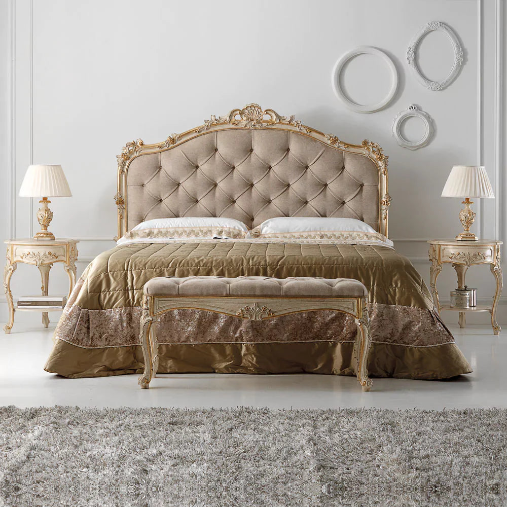 Regal Handcrafted Carved Bed with Upholstered Finish