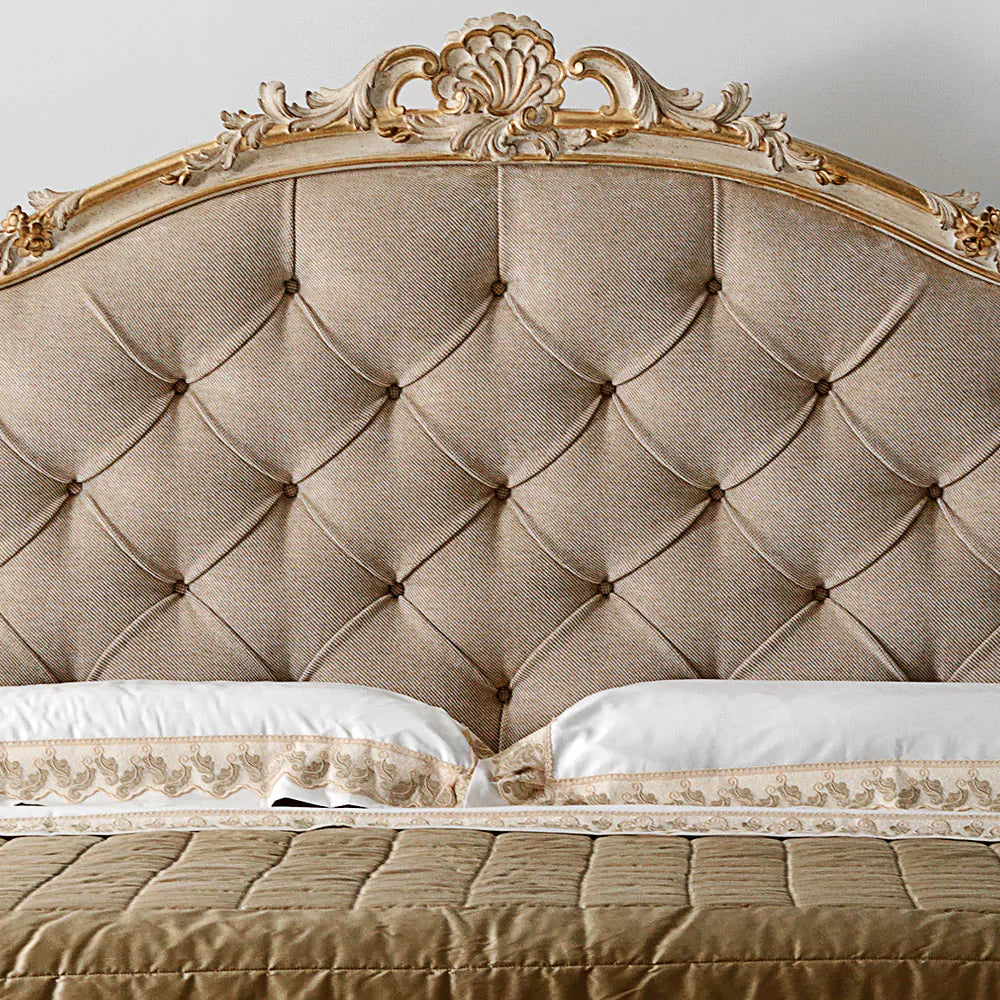 Regal Handcrafted Carved Bed with Upholstered Finish