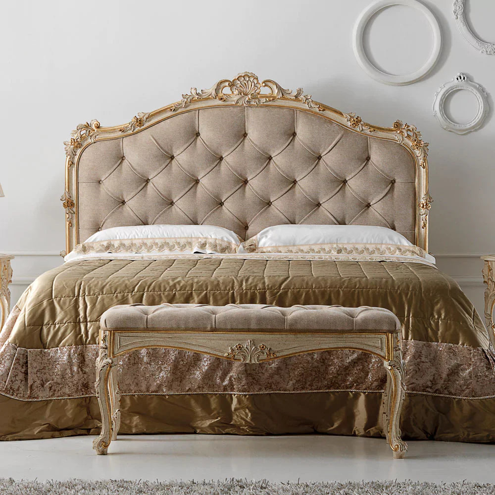 Regal Handcrafted Carved Bed with Upholstered Finish