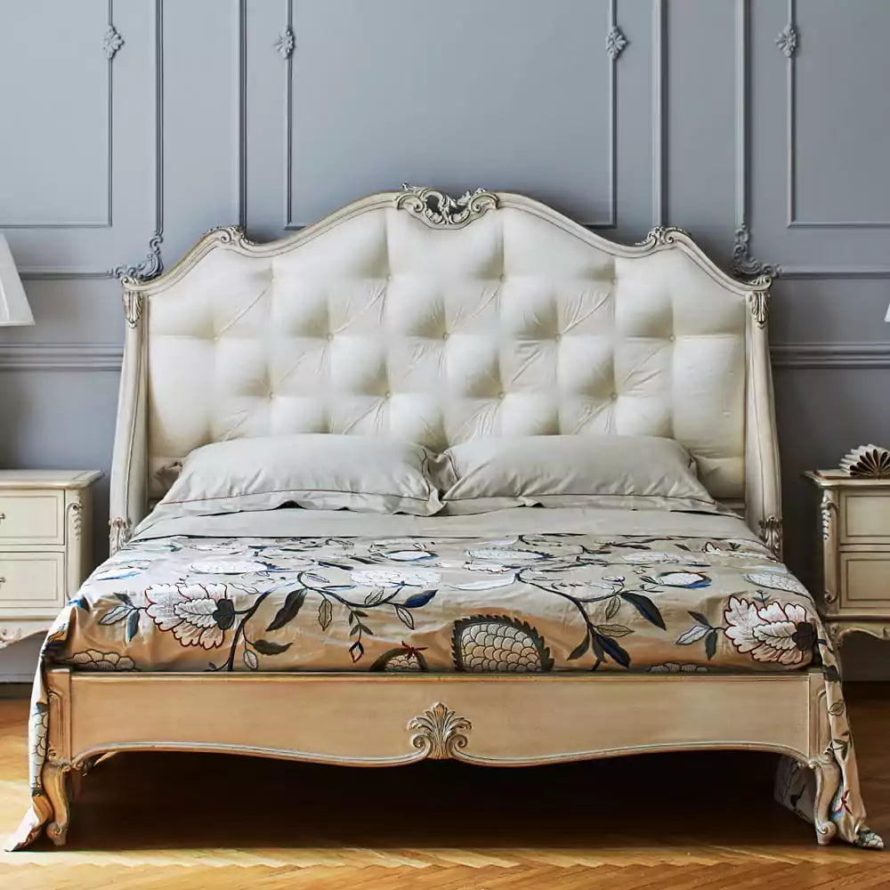 Designer Carved Bed with Upholstered Wooden Frame