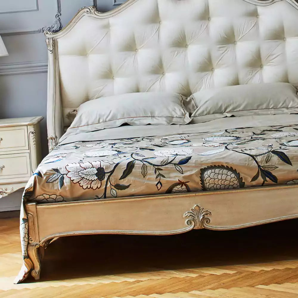 Designer Carved Bed with Upholstered Wooden Frame