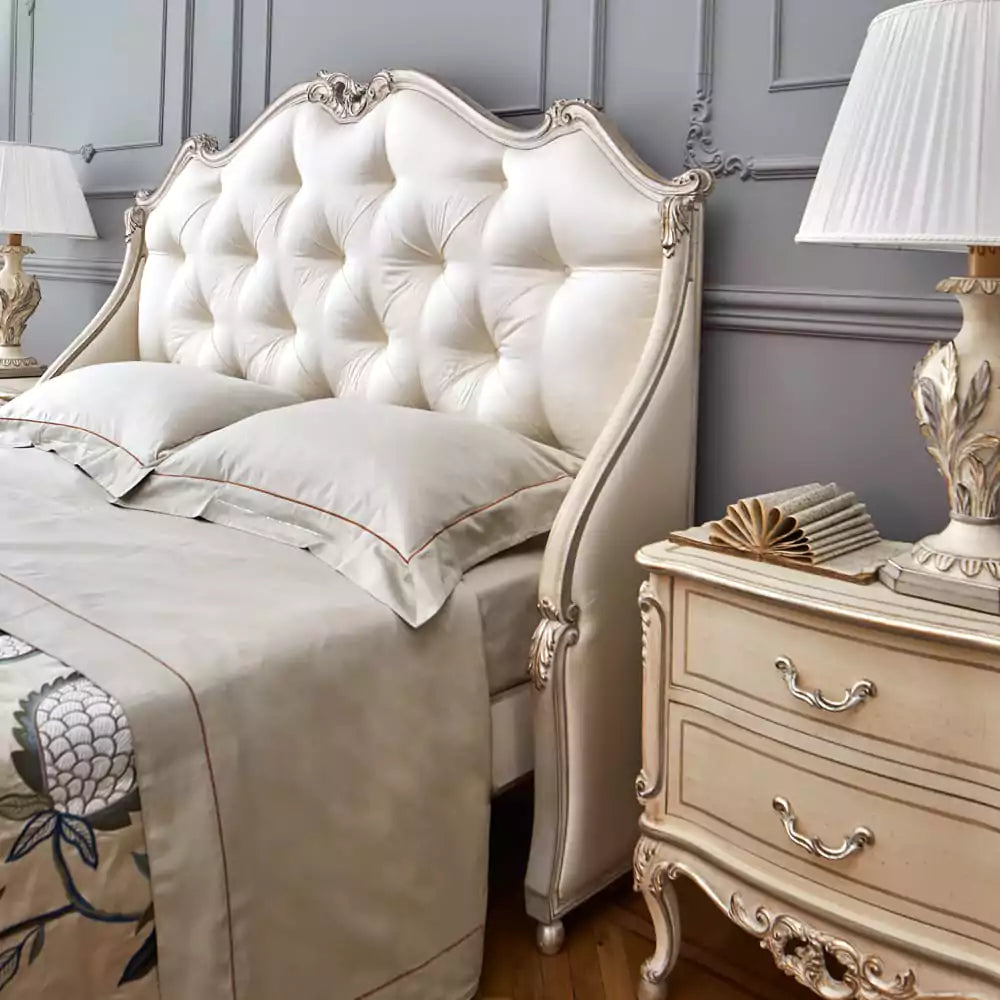 Designer Carved Bed with Upholstered Wooden Frame