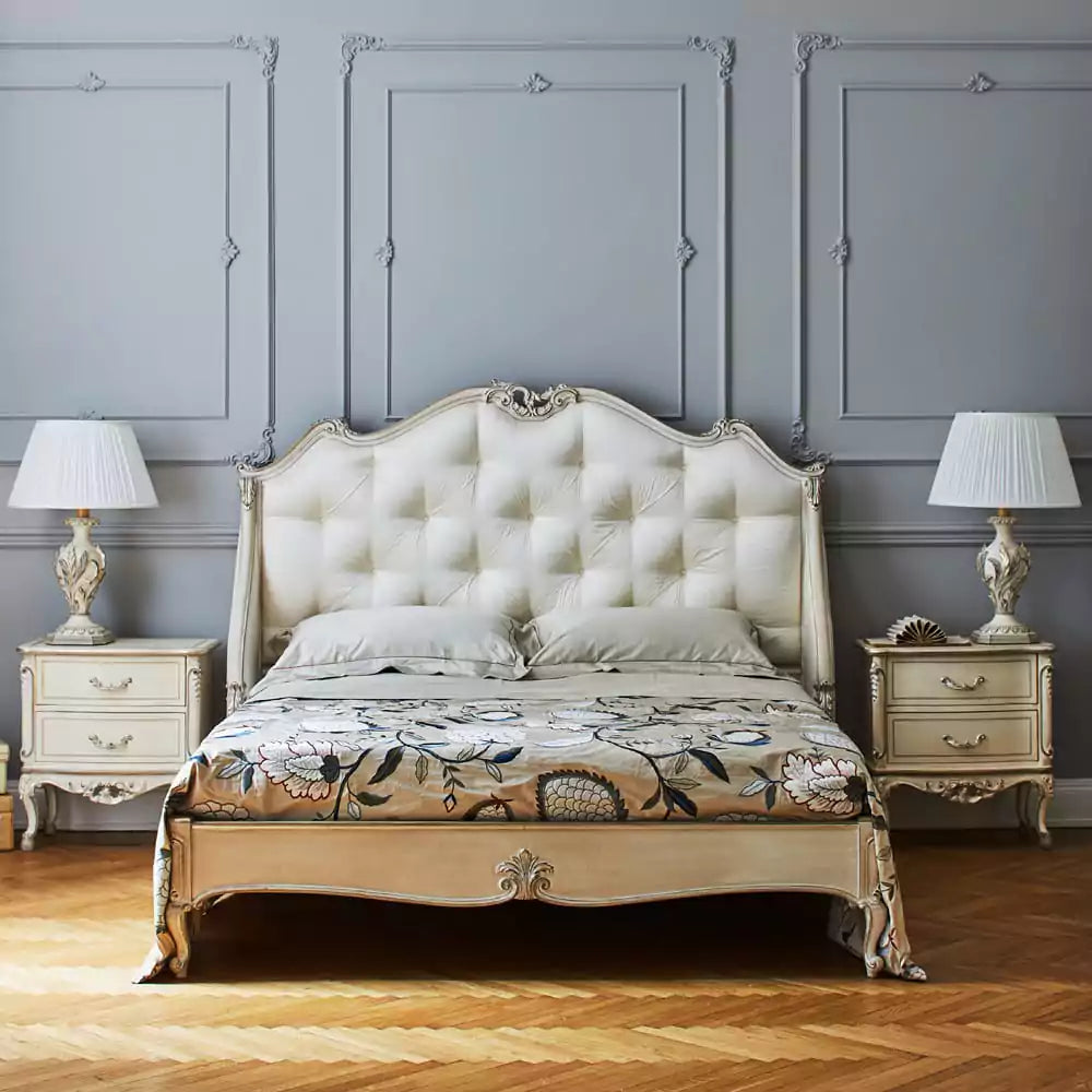 Designer Carved Bed with Upholstered Wooden Frame