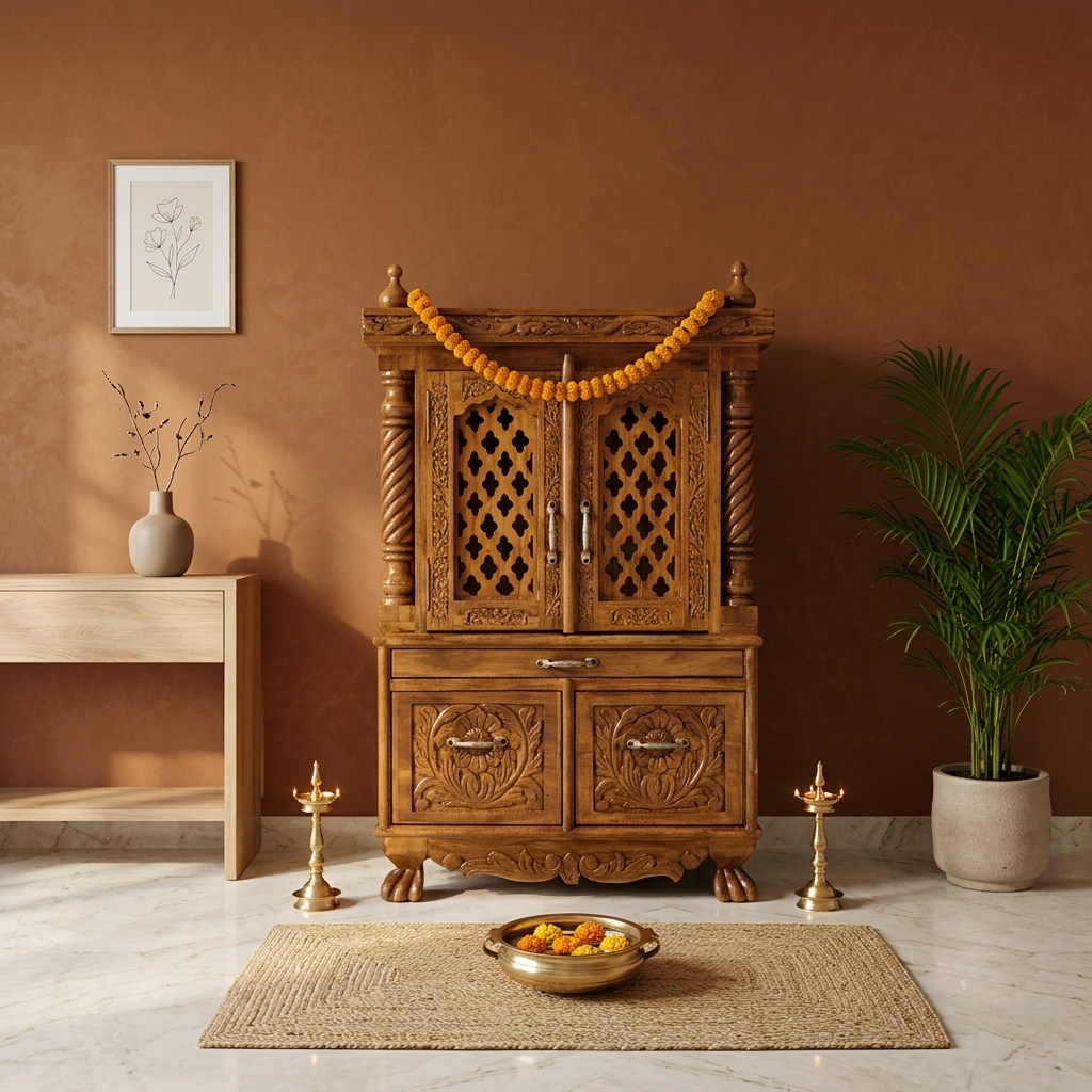 Premium Handcrafted Wooden Pooja Temple with Storage