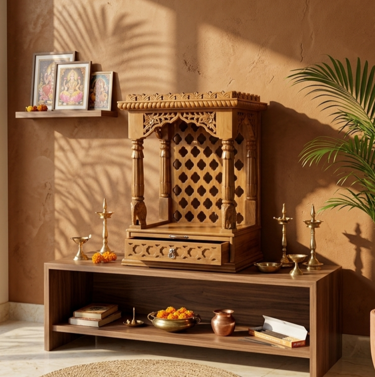 Handcrafted Solid Wood Mandir with Carved Details