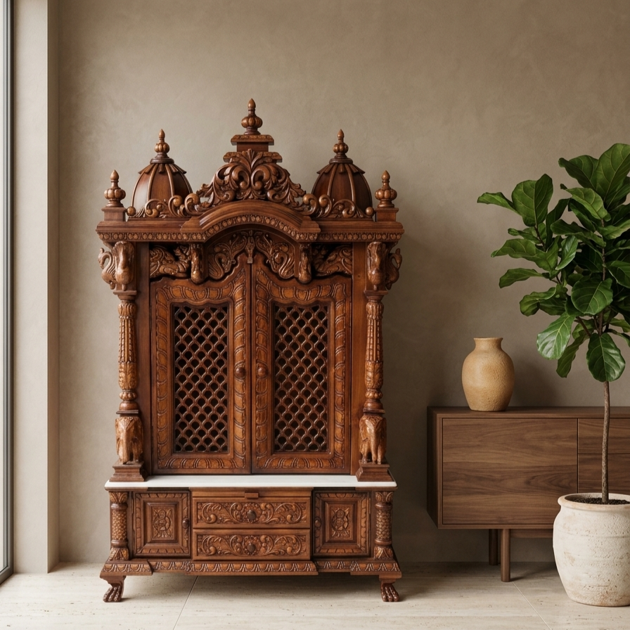 Indian Hand-Carved Wooden Temple | Home Pooja Mandir
