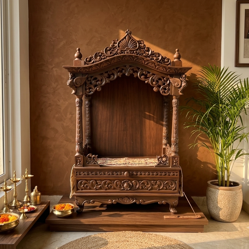 Handcrafted Solid Wood Mandir with Carved Details
