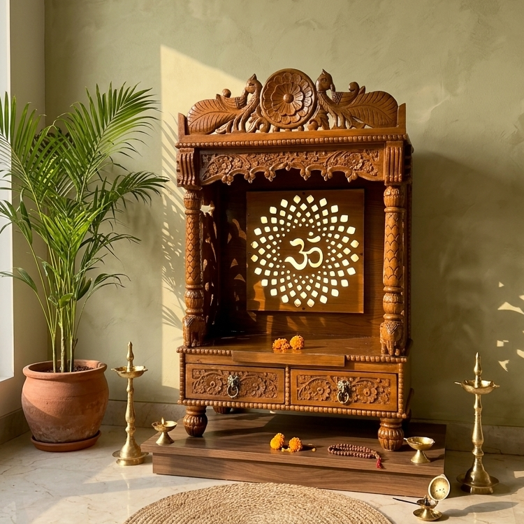 Luxury Wooden Pooja Temple with Drawers & Shelves