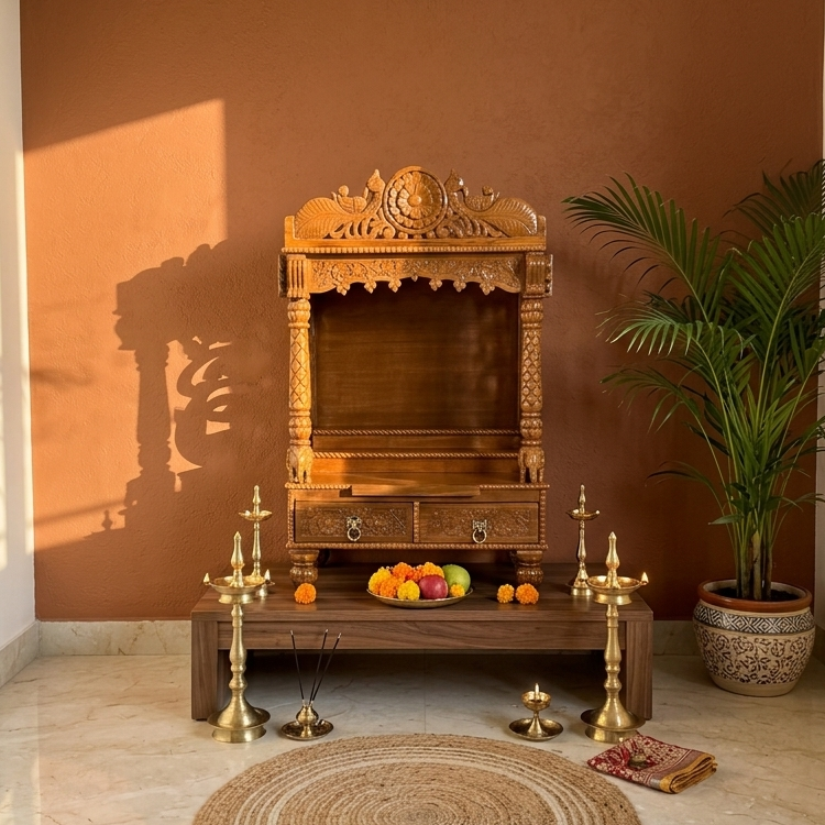 Elegant Home Pooja Mandir in Wooden Finish