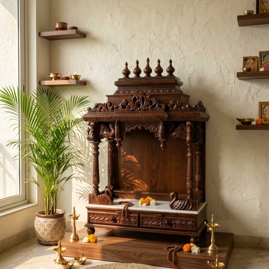 Handcrafted Wooden Mandir for Home | Traditional Pooja Temple with Carving