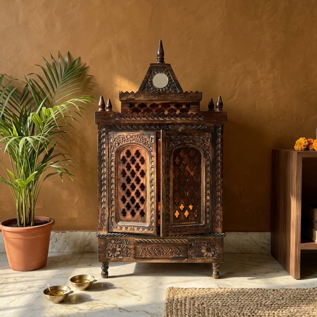 Elegant Wall Mounted Pooja Mandir in Wooden Finish