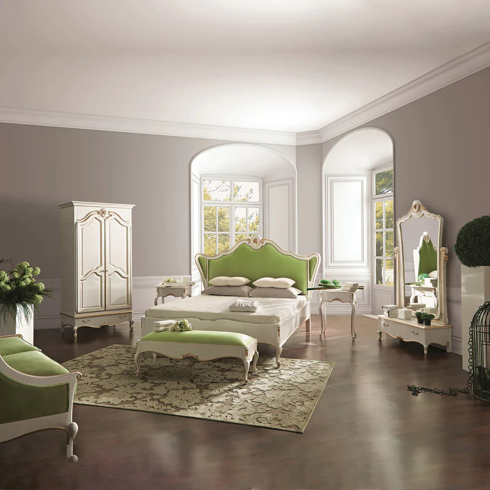 Classic Wooden Carved Bed with Upholstered Panel