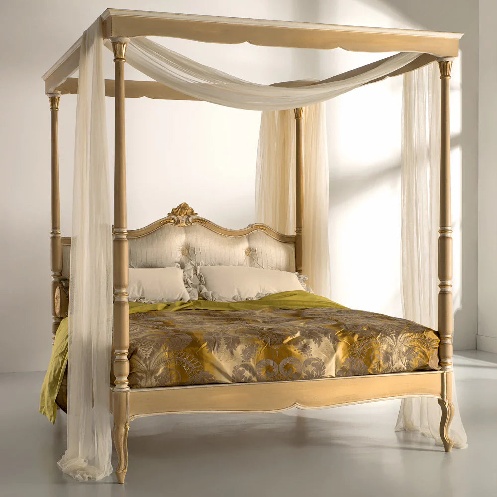 Four Poster Bed | Wooden Bed with Upholstered Headboard