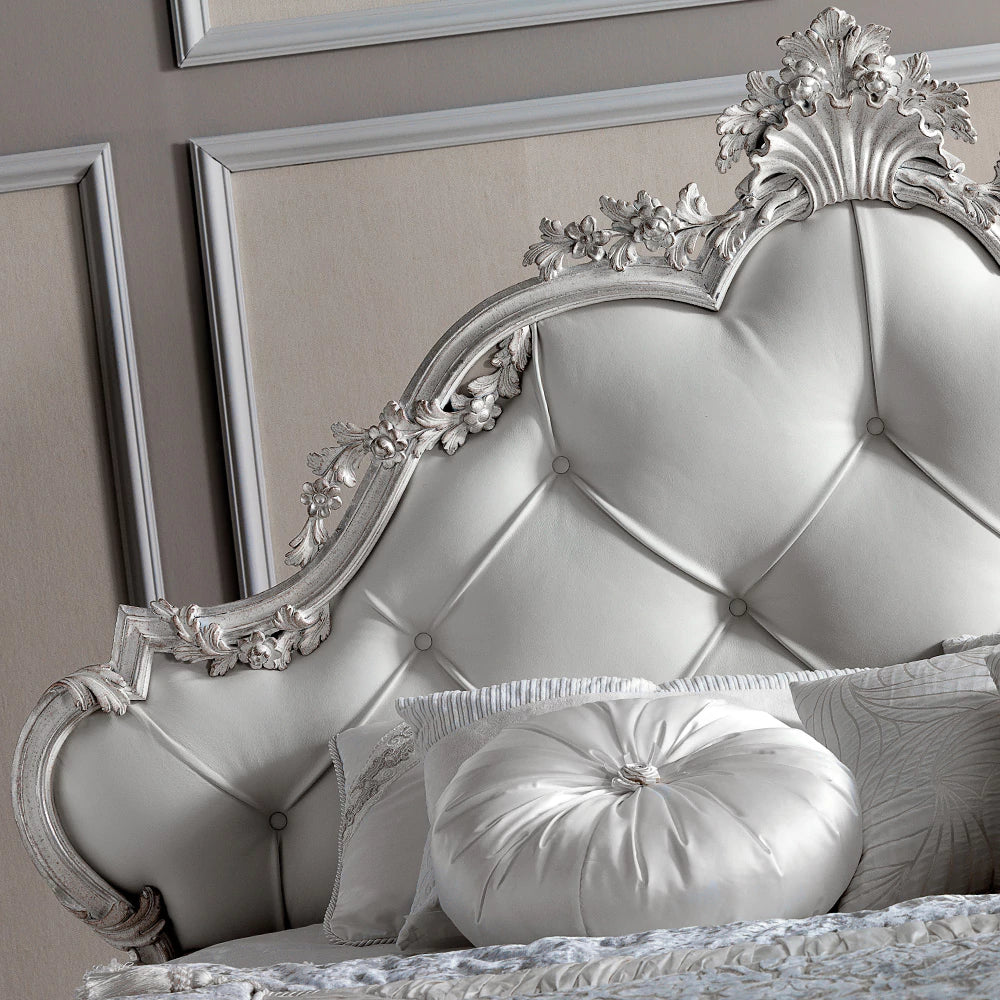 Elegant Royal Carved Bed with Premium Silver Finish