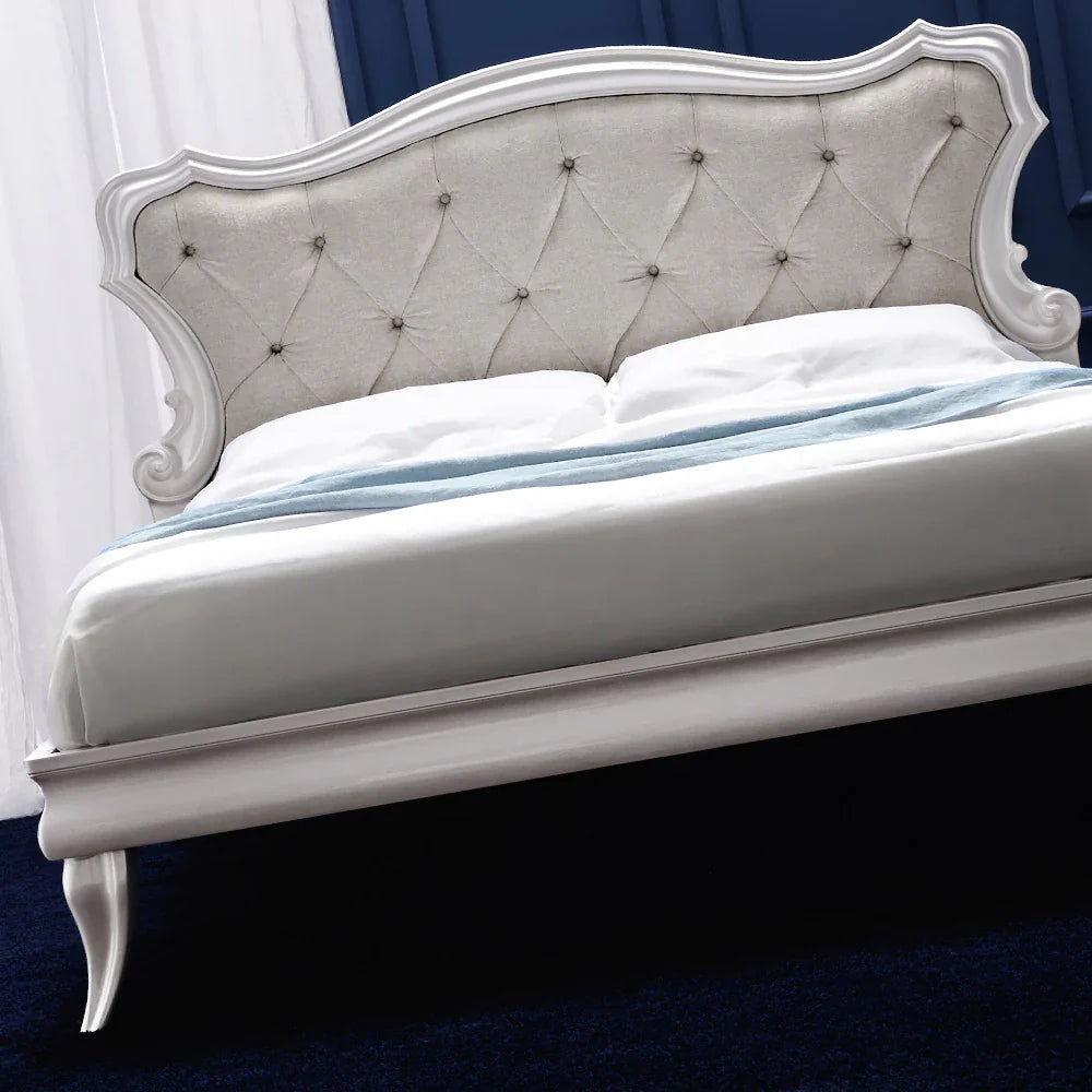 Designer Upholstered Bed with Wooden Carved Frame