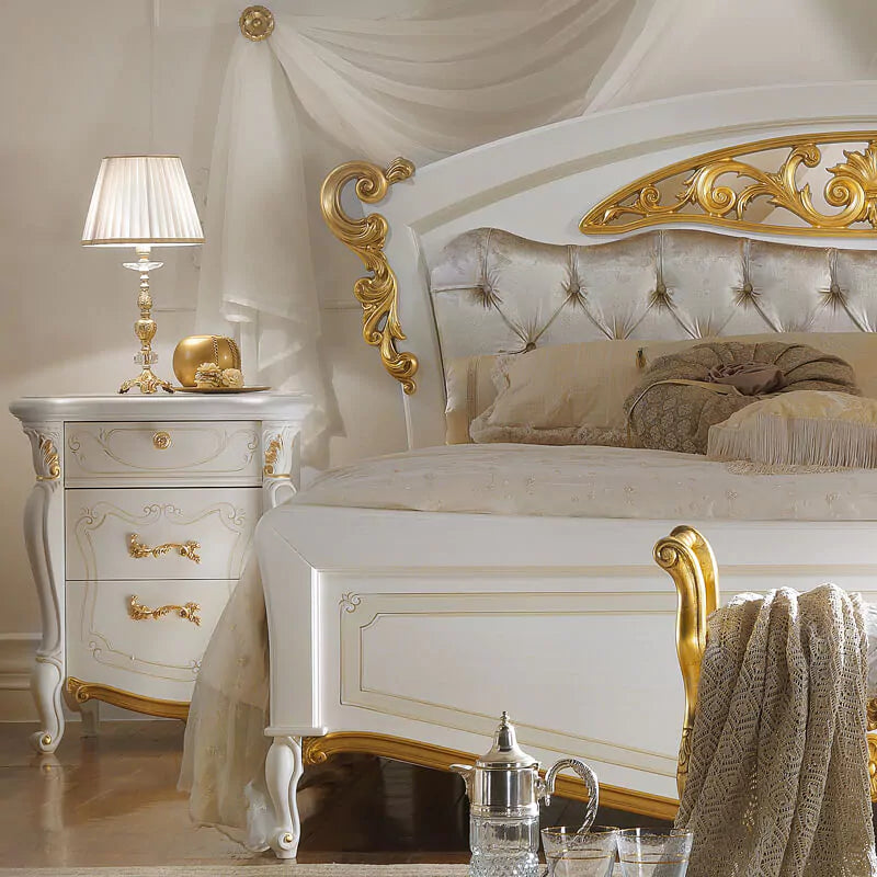 Royal Hand-Carved Wooden Bed with Tufted Comfort
