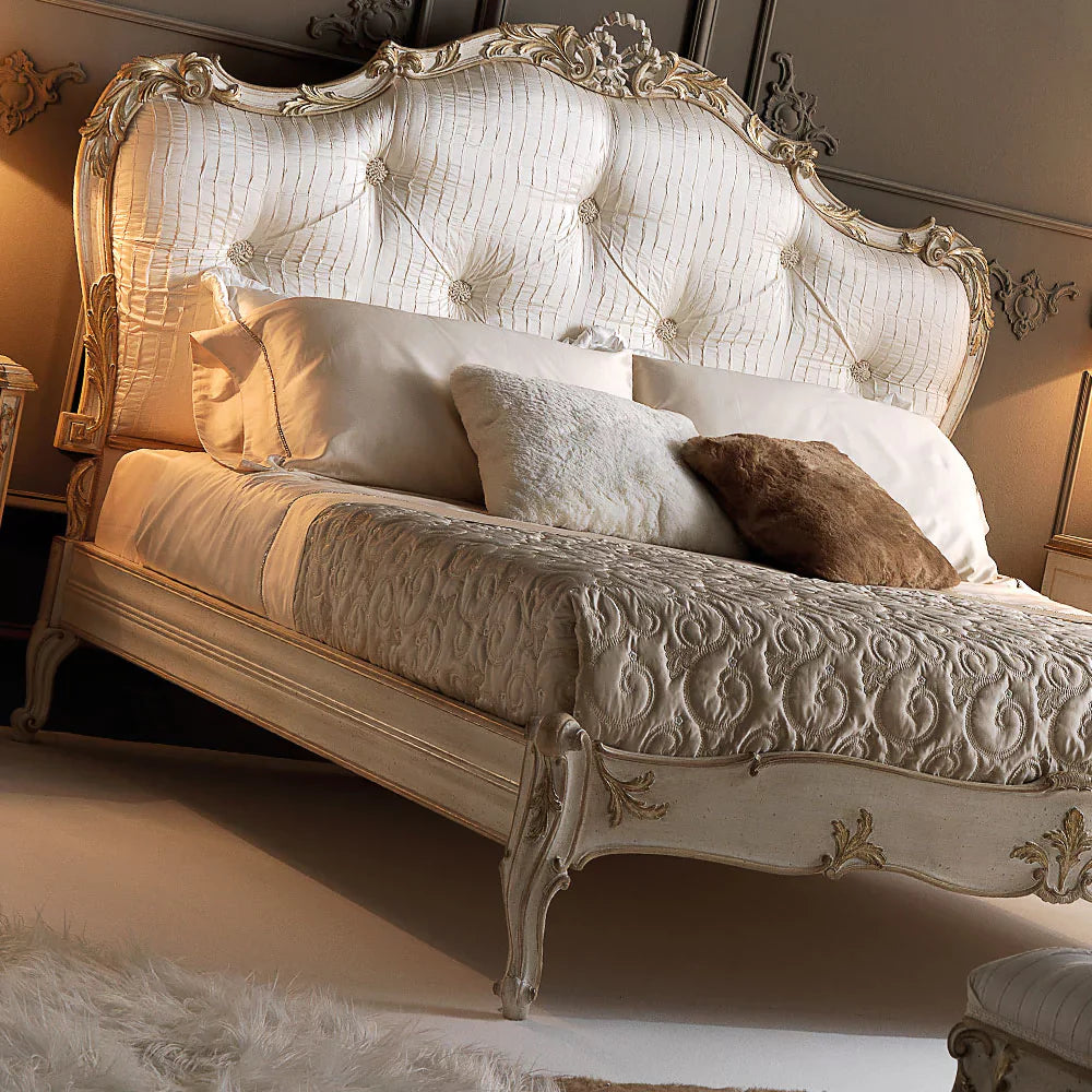 Elegant Wooden Carved Bed with Intricate Headboard