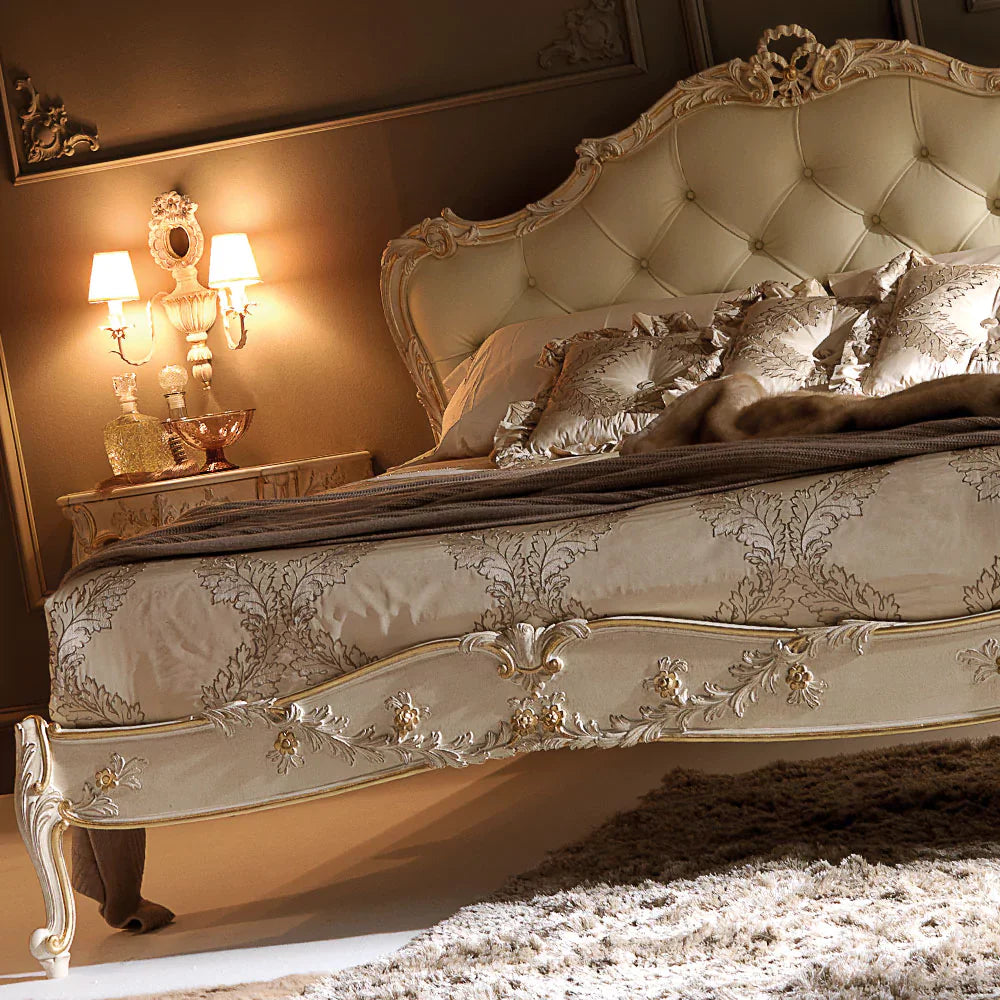 Ornate Luxury Bed with Hand-Carved Wooden Frame