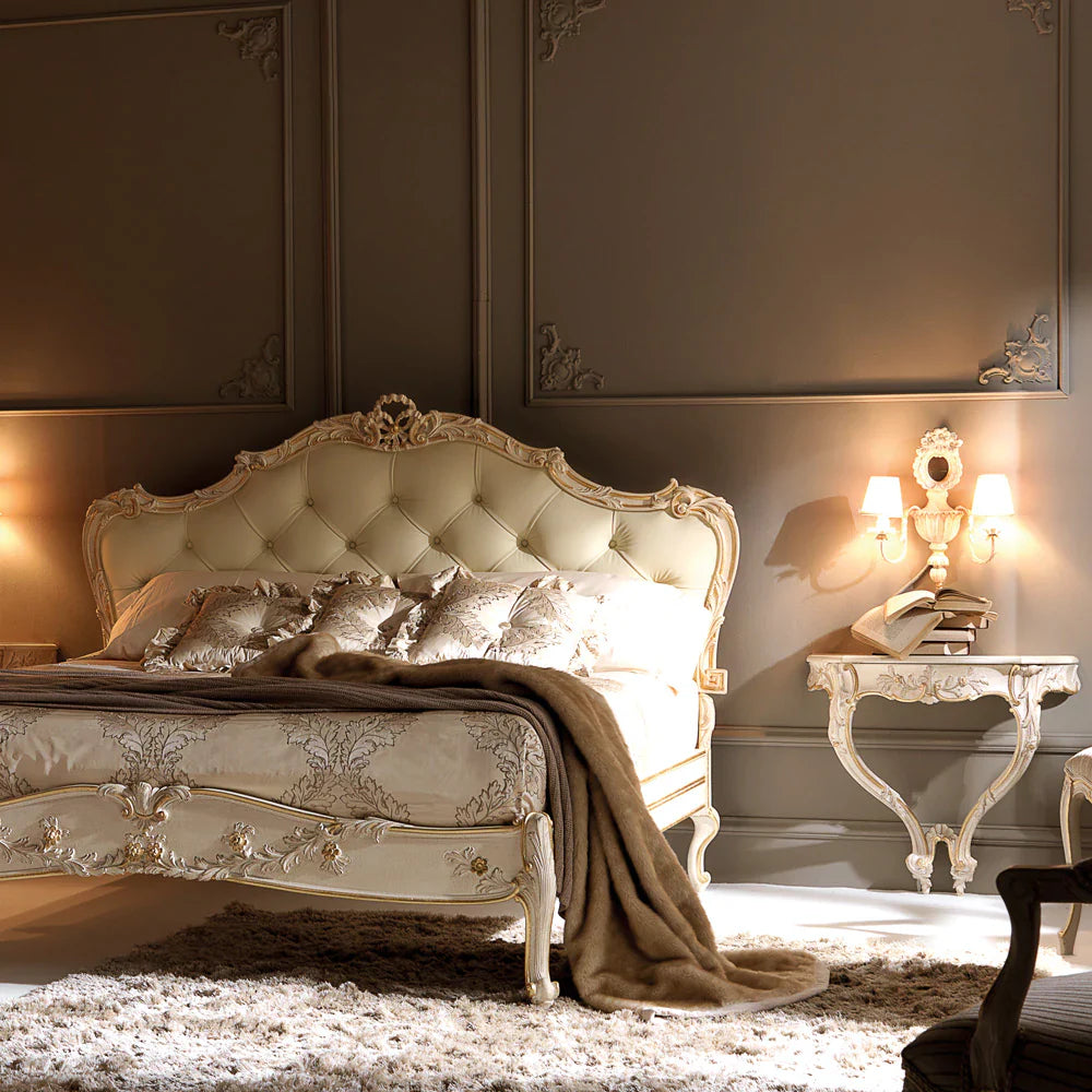 Ornate Luxury Bed with Hand-Carved Wooden Frame