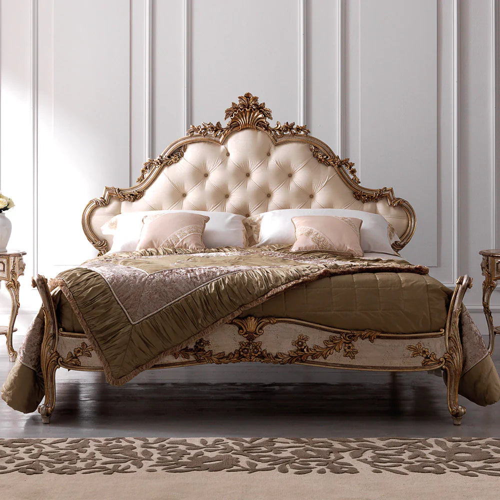 Elegant Handcrafted Carved Bed with Premium Upholstery
