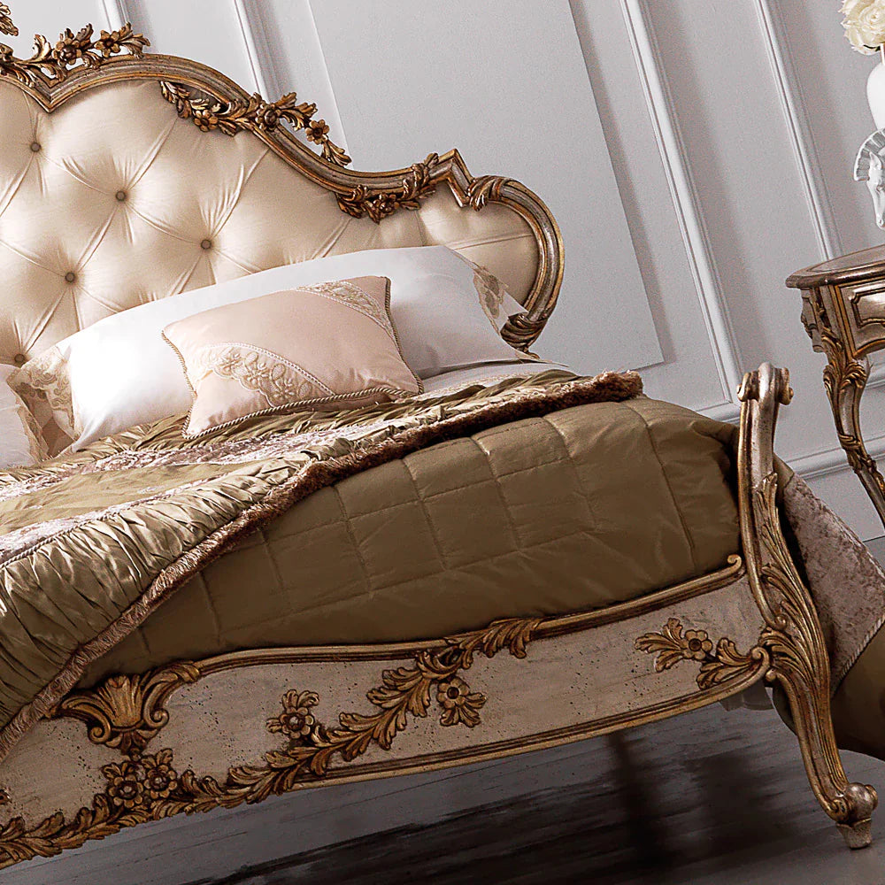 Elegant Handcrafted Carved Bed with Premium Upholstery