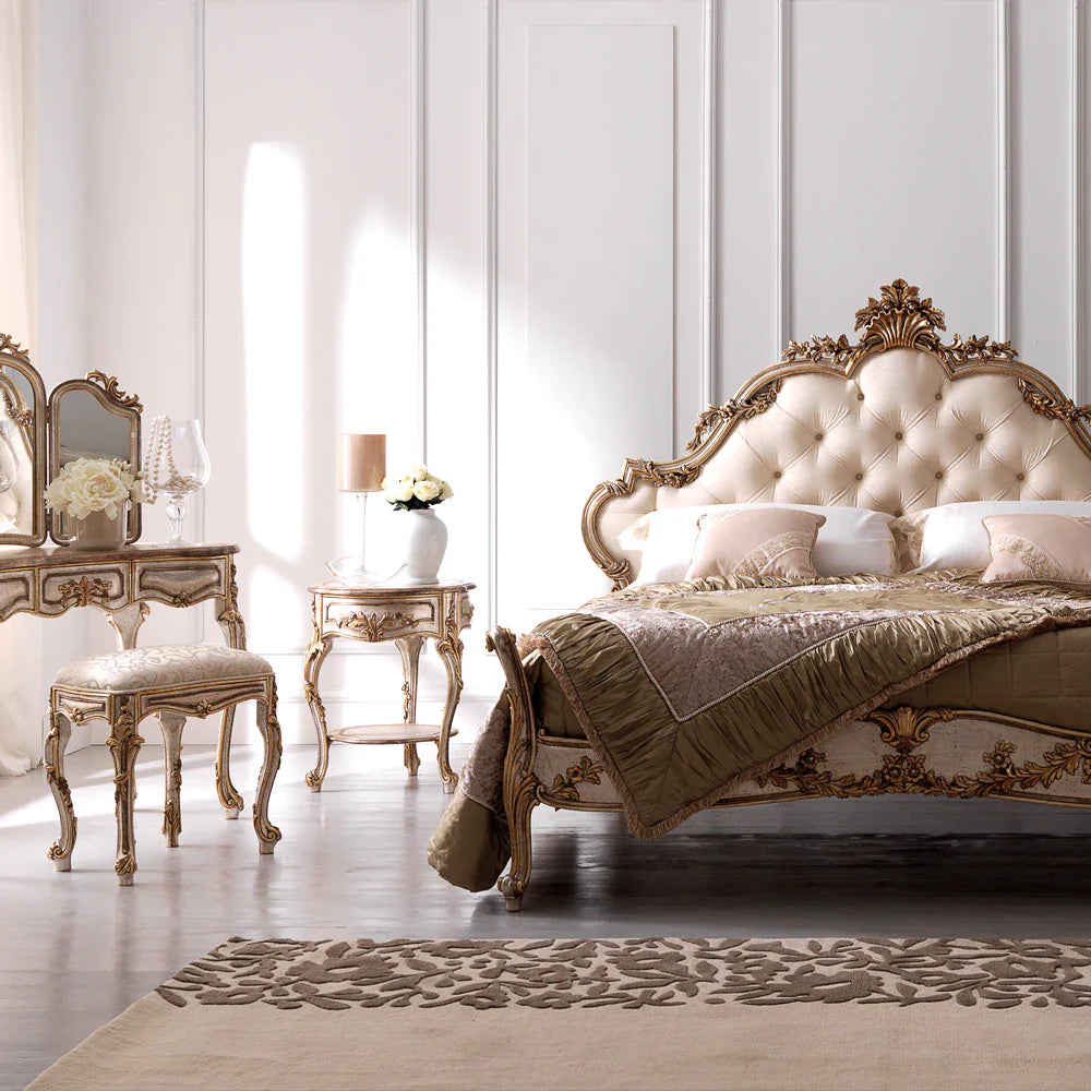 Elegant Handcrafted Carved Bed with Premium Upholstery