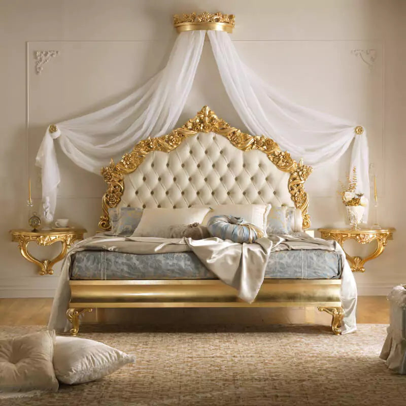 Royal Antique Carved Bed with Upholstered Touch