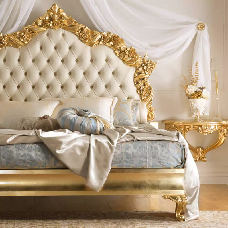Royal Antique Carved Bed with Upholstered Touch