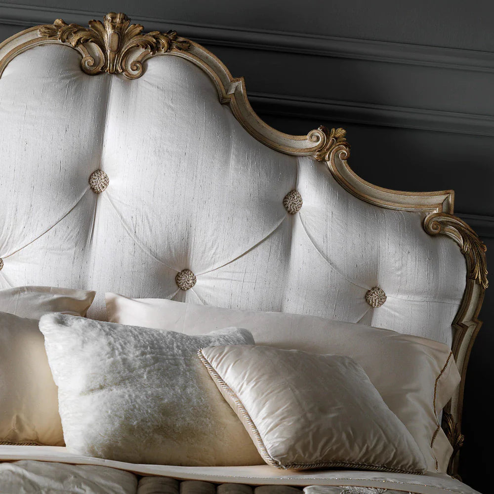 Luxury Designer Carved Wooden Bed with Tufted Headboard