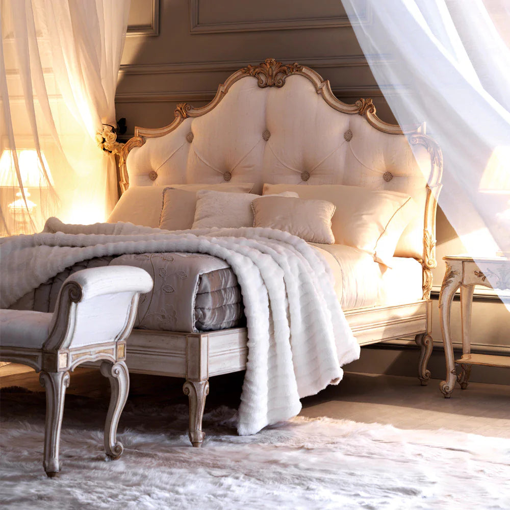 Luxury Designer Carved Wooden Bed with Tufted Headboard