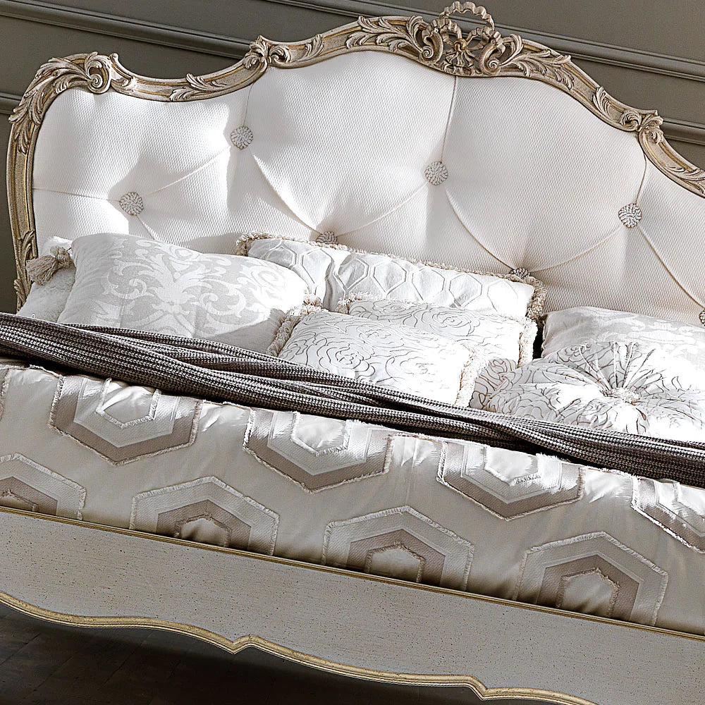 Luxury Designer Carved Wooden Bed with Tufted Headboard