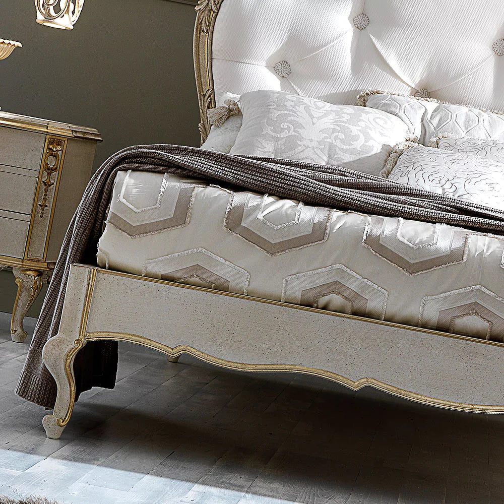 Luxury Designer Carved Wooden Bed with Tufted Headboard