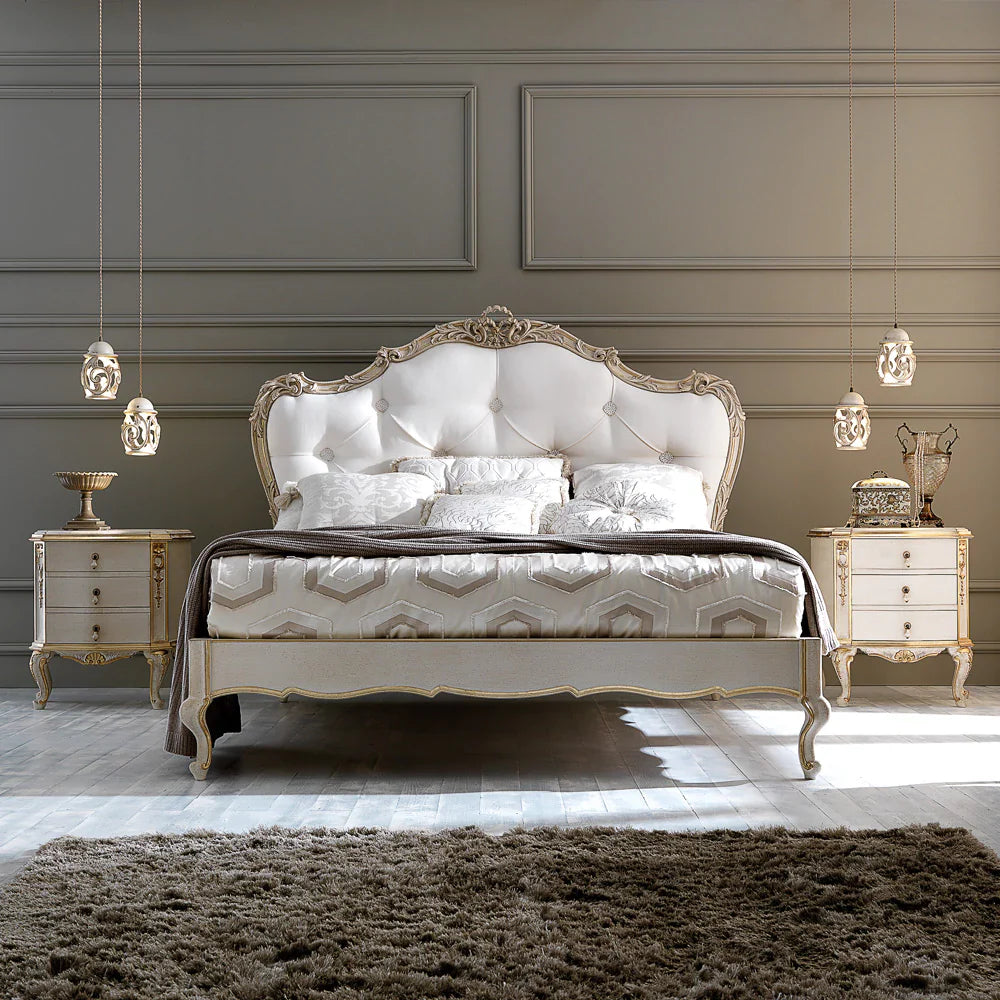 Luxury Designer Carved Wooden Bed with Tufted Headboard