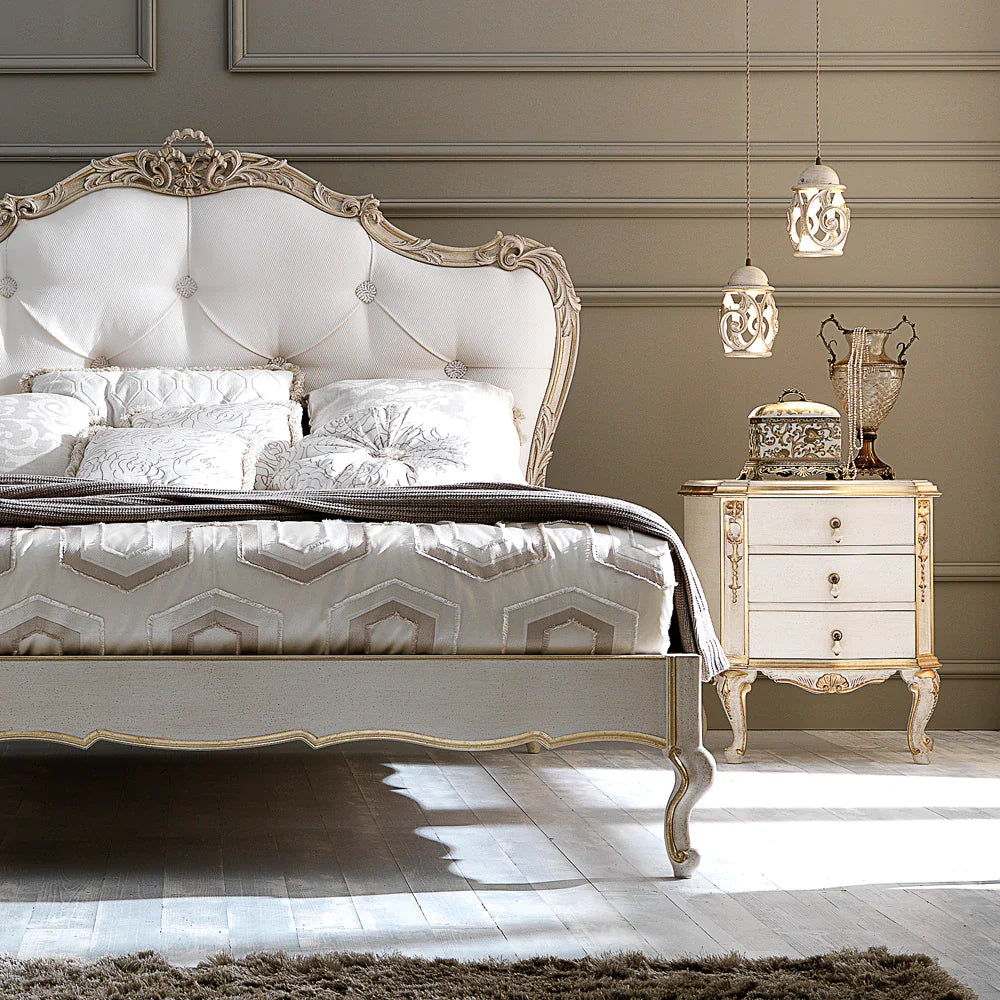Luxury Designer Carved Wooden Bed with Tufted Headboard