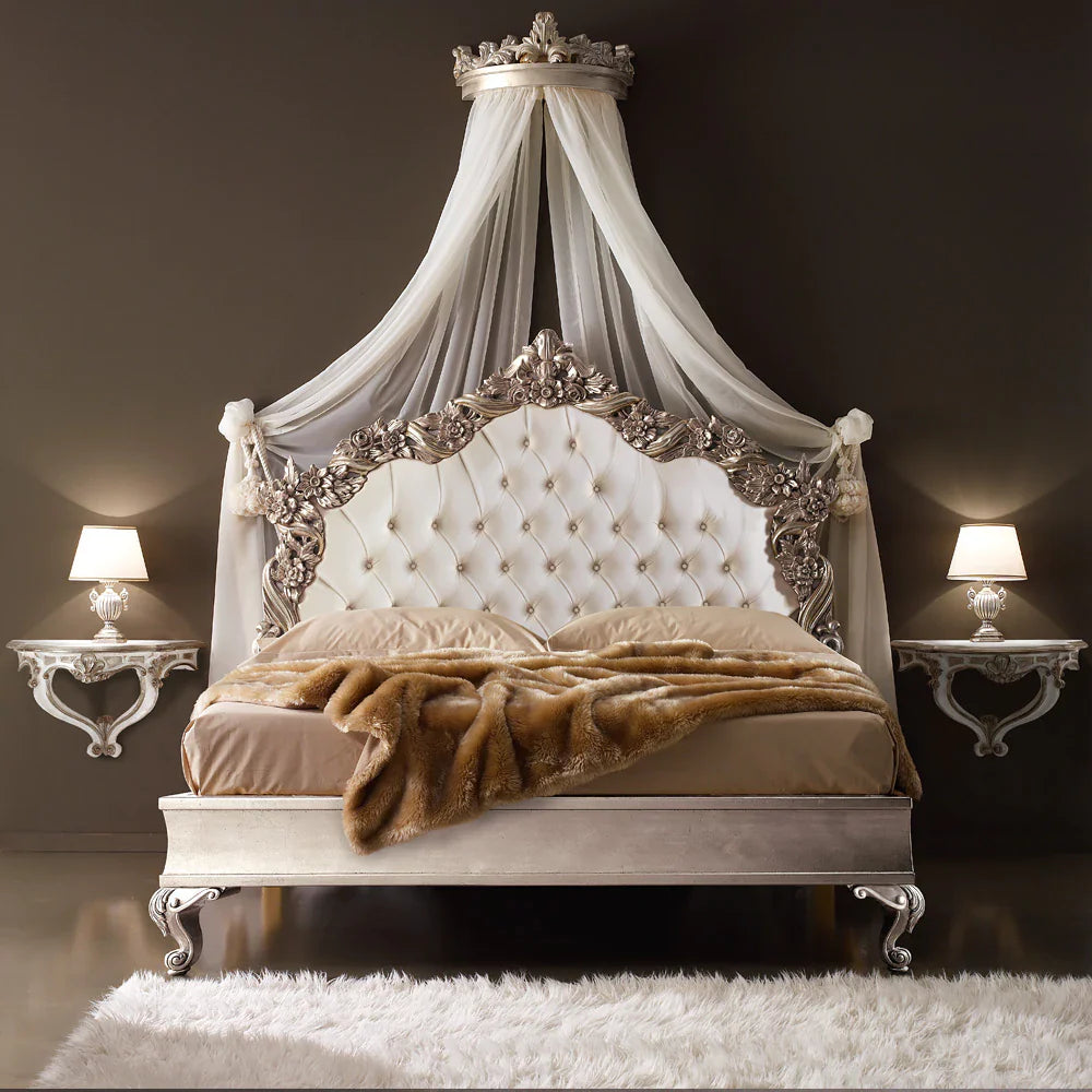 Elegant Antique Carved Bed with Upholstered Comfort