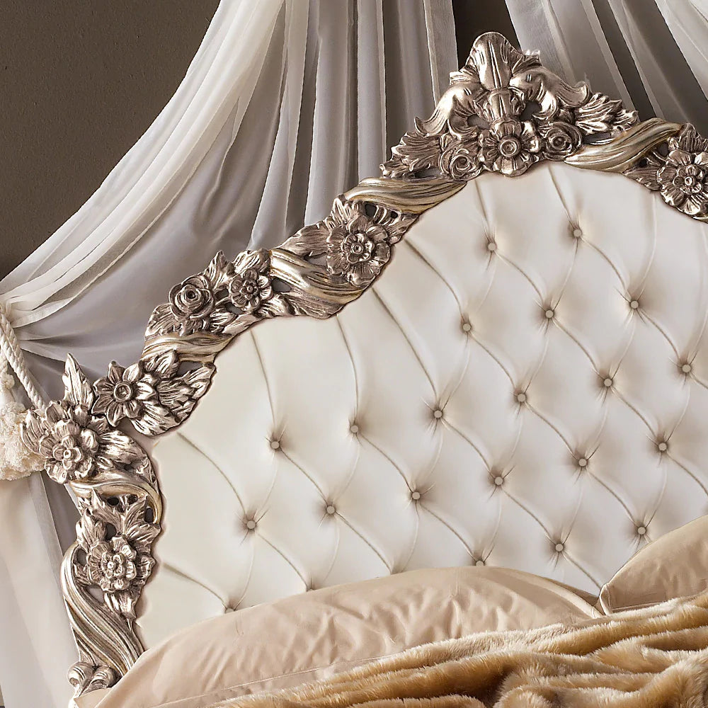 Elegant Antique Carved Bed with Upholstered Comfort
