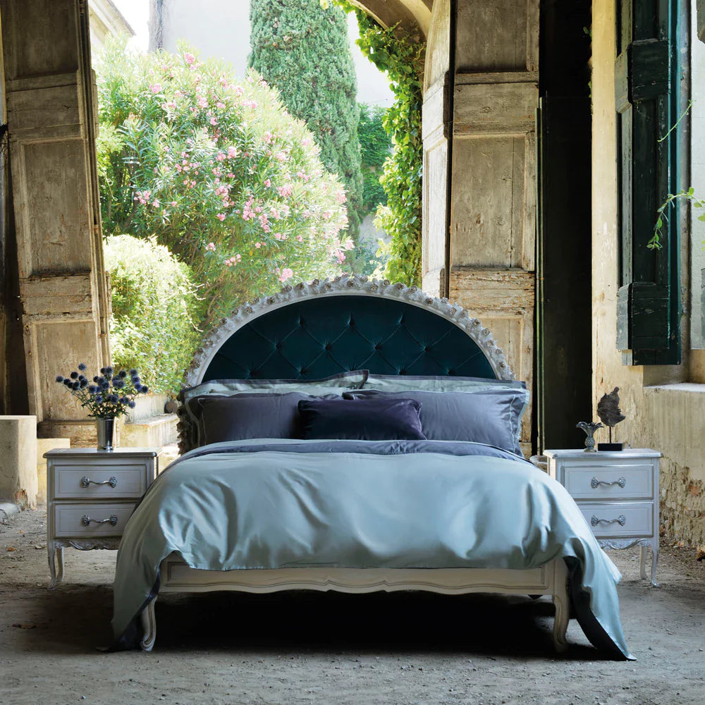 Ornate Wooden Carved Bed with Blue Premium Upholstery