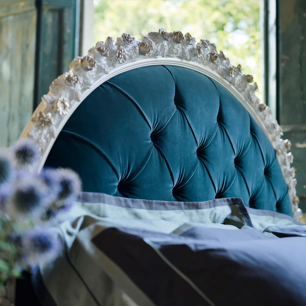 Ornate Wooden Carved Bed with Blue Premium Upholstery