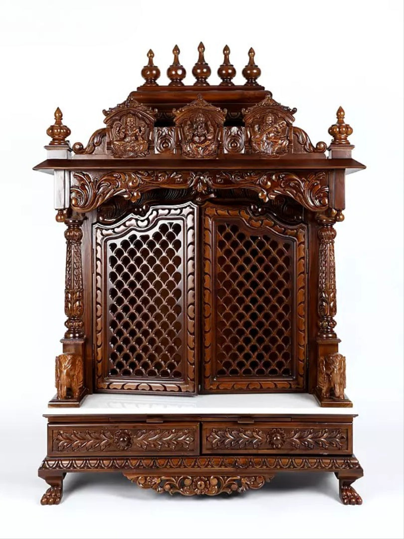 Premium Solid Wood Temple for Home | Carved Pooja Mandir with Storage