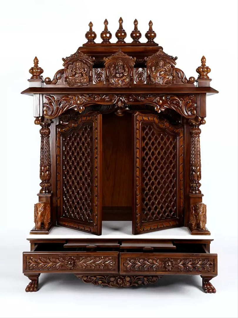 Premium Solid Wood Temple for Home | Carved Pooja Mandir with Storage