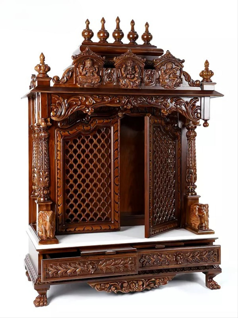 Premium Solid Wood Temple for Home | Carved Pooja Mandir with Storage