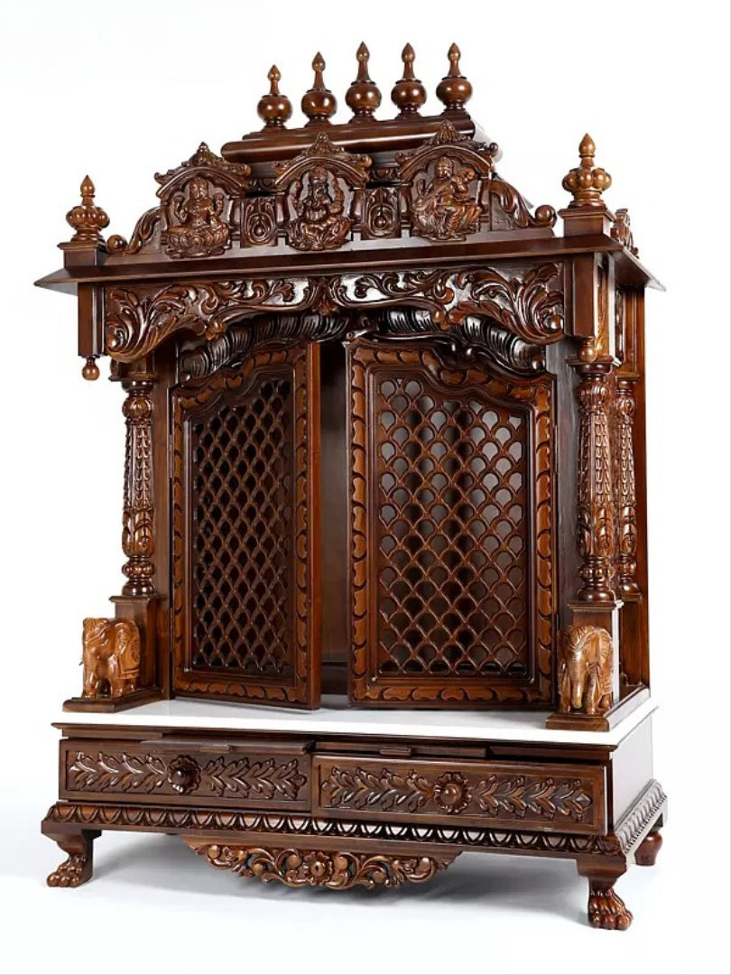 Premium Solid Wood Temple for Home | Carved Pooja Mandir with Storage