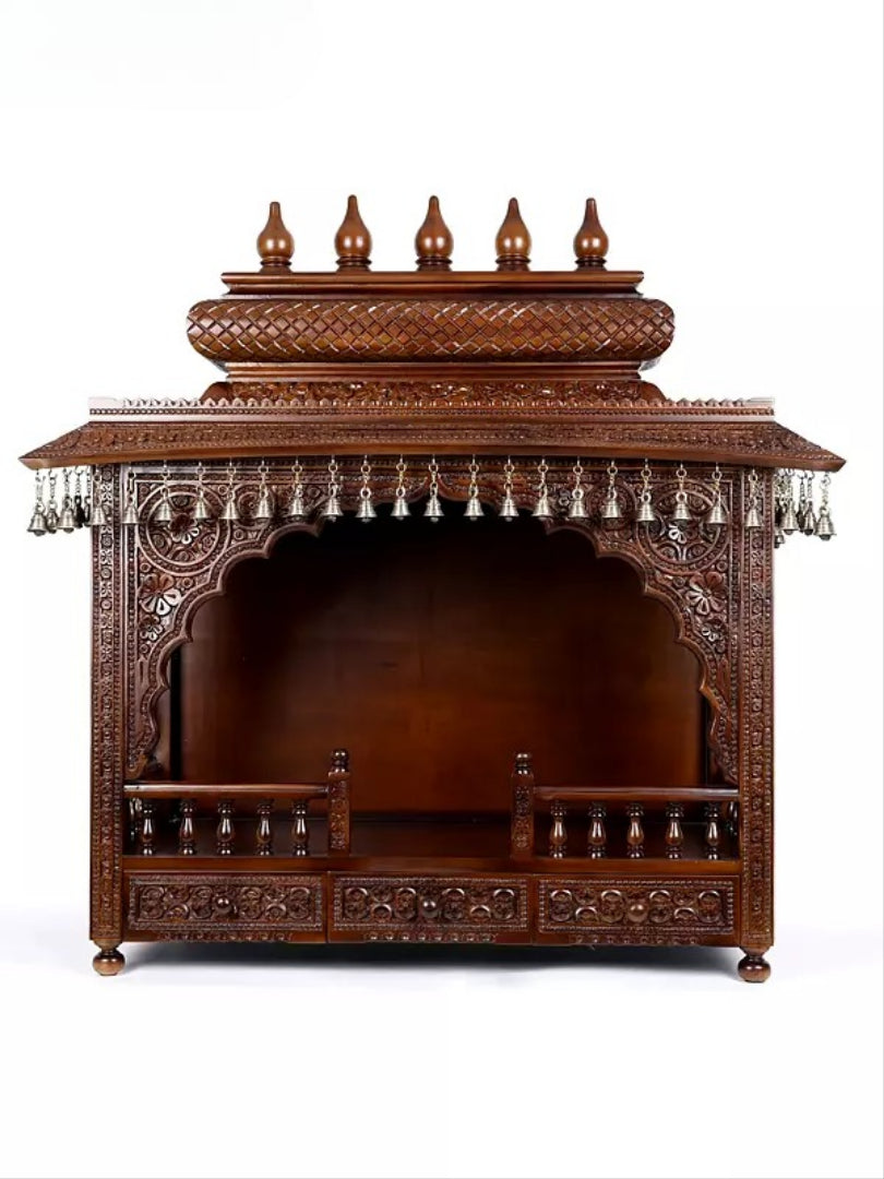 Premium Carved Wooden Pooja Mandir | Spacious Storage Drawers