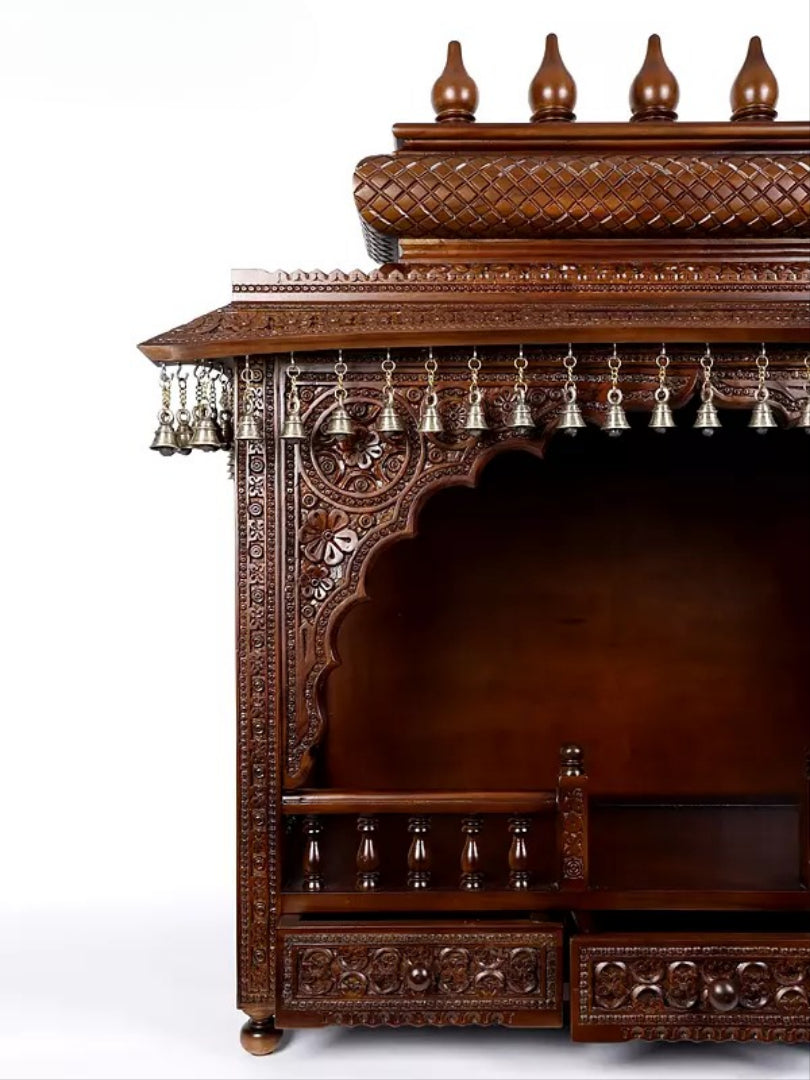 Premium Carved Wooden Pooja Mandir | Spacious Storage Drawers